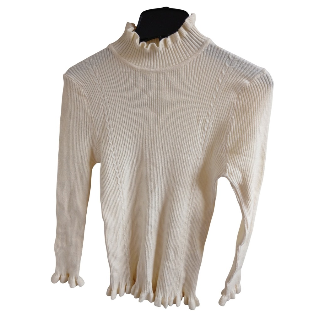 NWT Jon & Anna Ribbed Ruffle  fitted Sweater Cable Knit Long Sleeve Top Womens L